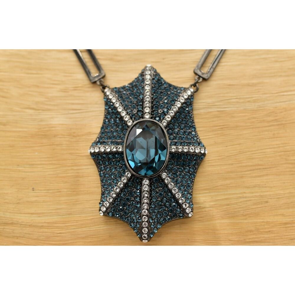 Akkad Designer Necklace Pendant Web Blue Pave Rhinestone Sparkle Signed Bin2